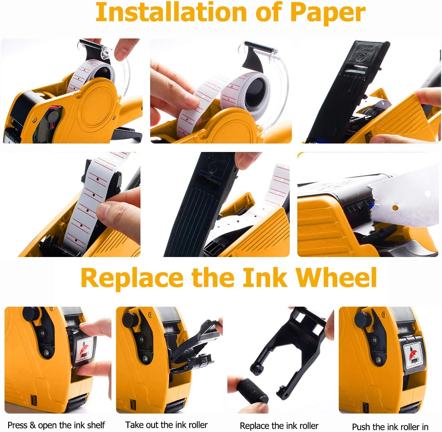 دستگاه قیمت زن 8 رقمی MX-5500 به همراه 5000 برچسب سفید و 3 جوهر اضافی، مناسب برای قیمت گذاری در فروشگاه ها (زرد)