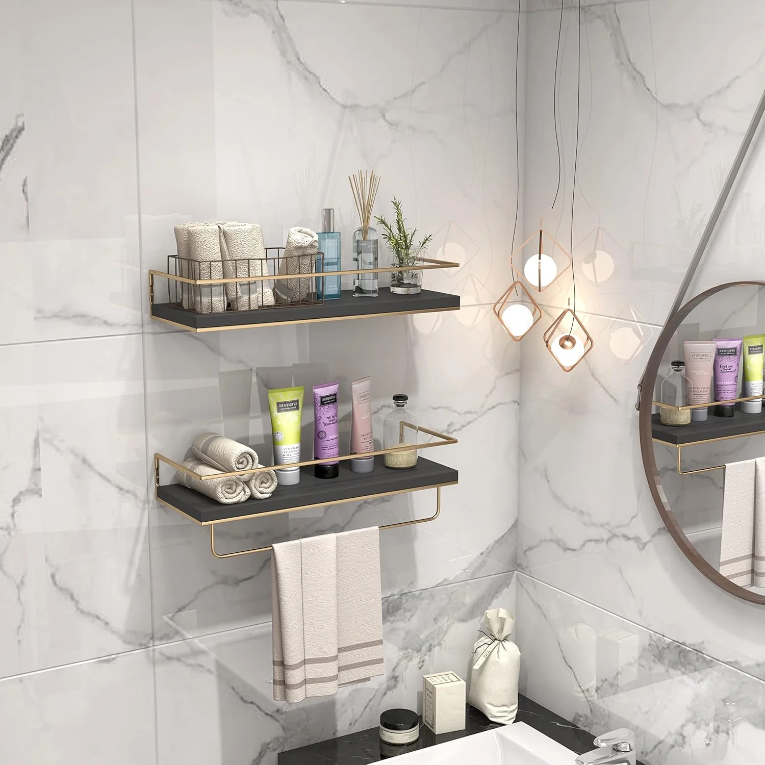 شلف دیواری شناور مشکی شاریو - ست 2 عددی، شلف آویز دیواری با جا حوله ای طلایی، شلف های تزئینی برای حمام، آشپزخانه، اتاق نشیمن و اتاق خواب (مشکی)