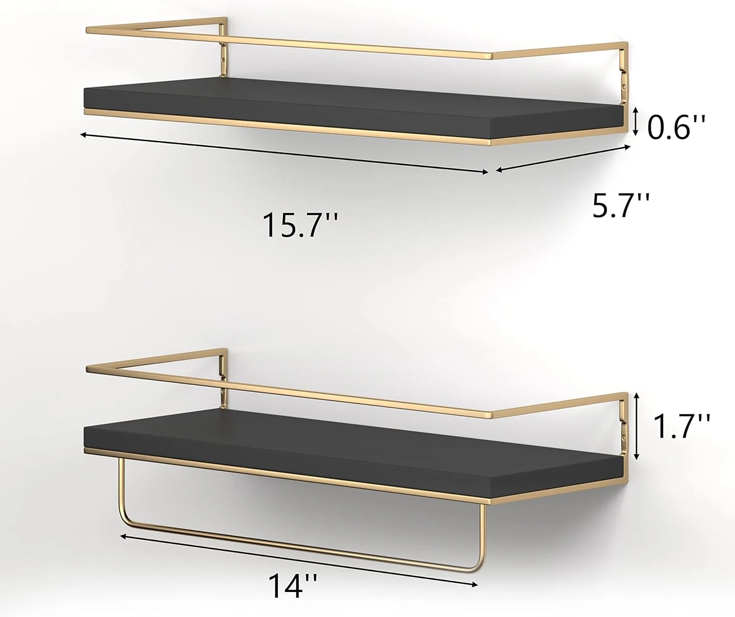 شلف دیواری شناور مشکی شاریو - ست 2 عددی، شلف آویز دیواری با جا حوله ای طلایی، شلف های تزئینی برای حمام، آشپزخانه، اتاق نشیمن و اتاق خواب (مشکی)