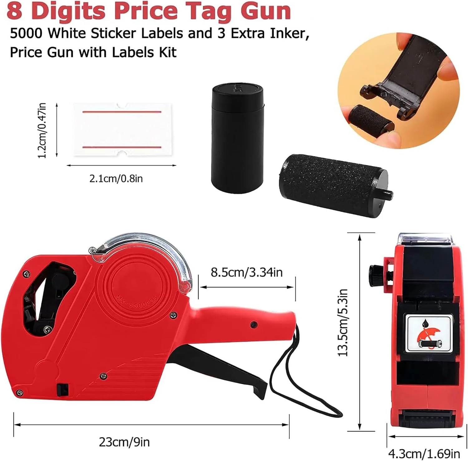 دستگاه قیمت زن 8 رقمی، برچسب ساز قیمت با 5000 برچسب خالی، 3 رول جوهر برای دفتر، فروشگاه خرده فروشی، خواربار فروشی، مواد غذایی و پوشاک