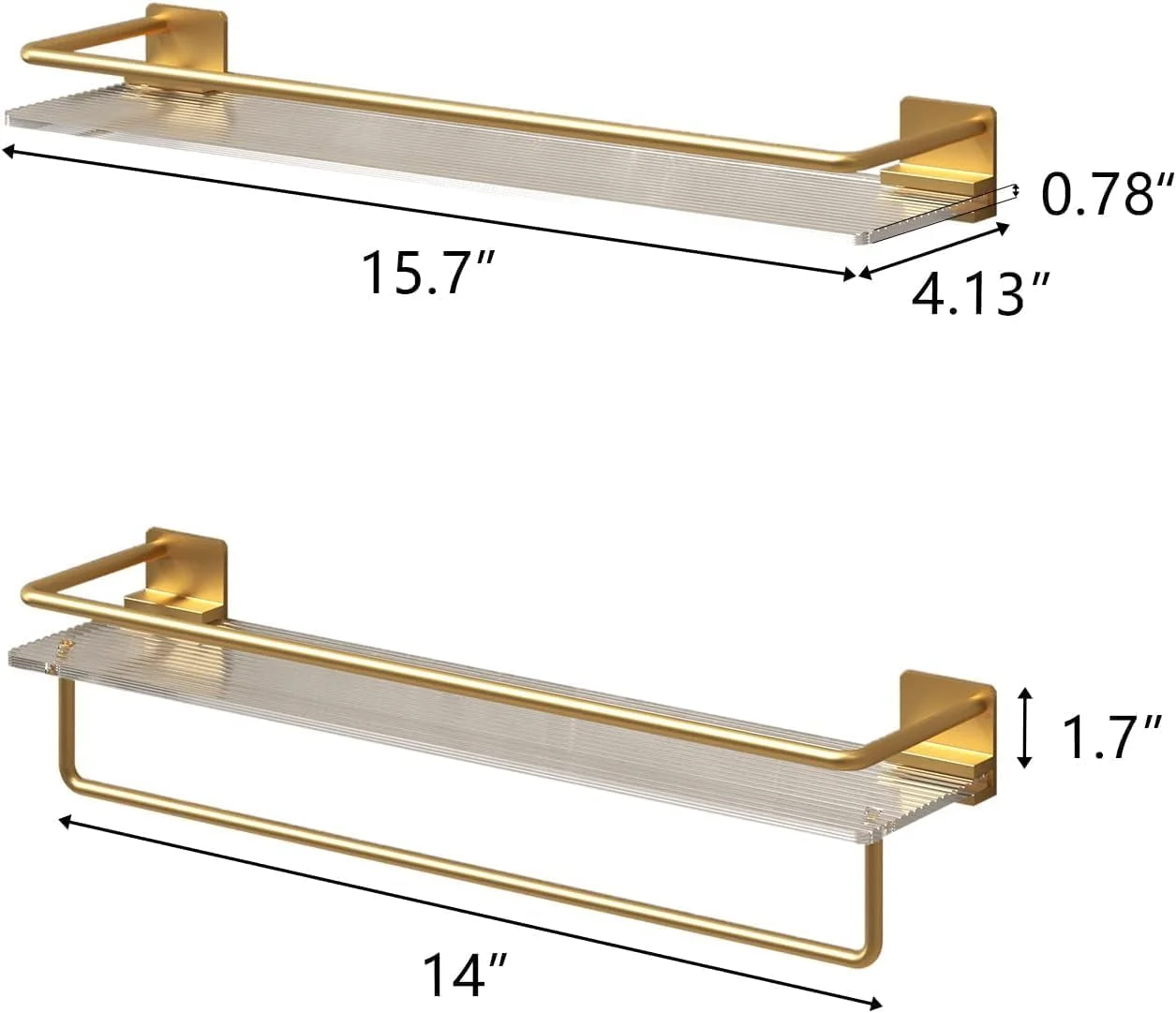 شلف های شناور اکریلیک Azonee، شلف دیواری آویز با جا حوله ای طلایی، شلف های تزئینی برای نگهداری توالت، حمام، آشپزخانه، اتاق خواب، برنجی، دیواری، مدرن، لوکس، ست 2 عددی