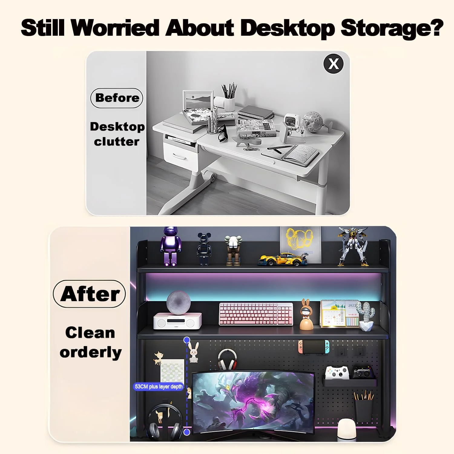 قفسه رومیزی گیره ای FOREENIU، 3 طبقه، 80 سانتی متری، بالا یا پایین میز، قفسه سازمان دهنده میز برای لوازم جانبی اداری، دستگاه های بازی با 20 قطعه لوازم جانبی ذخیره سازی (مشکی)