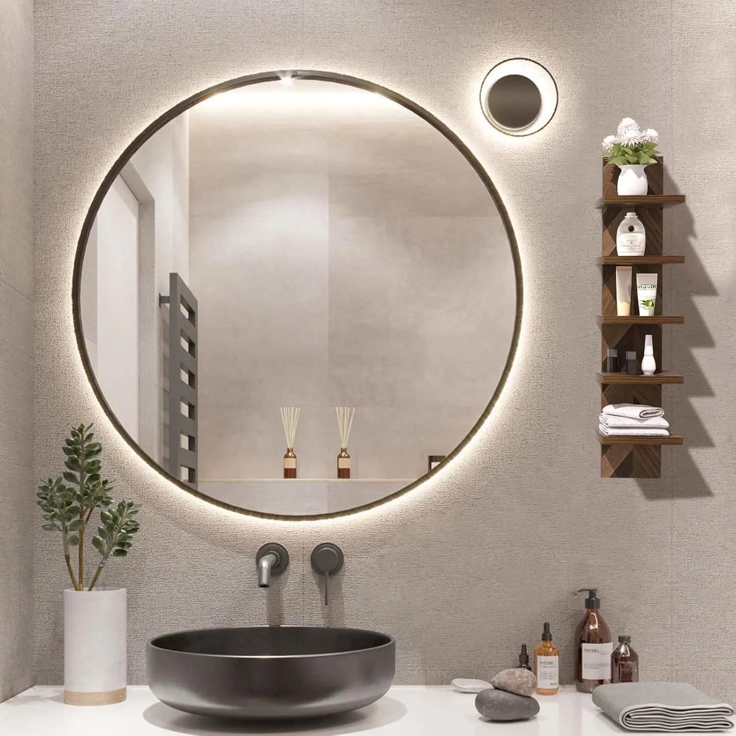 قفسه دیواری 5 طبقه Bloddream، قفسه ستونی عمودی شناور، سازمان دهنده دکوراسیون منزل، قفسه کاربردی با طراحی برج بلند برای اتاق خواب و اتاق نشیمن (خاکستری دودی + چوب ساج زرد)