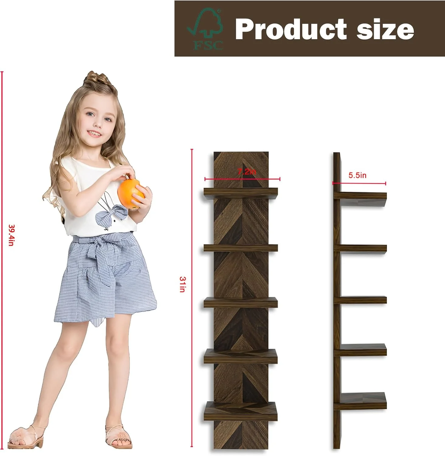 قفسه دیواری 5 طبقه Bloddream، قفسه ستونی عمودی شناور، سازمان دهنده دکوراسیون منزل، قفسه کاربردی با طراحی برج بلند برای اتاق خواب و اتاق نشیمن (خاکستری دودی + چوب ساج زرد)