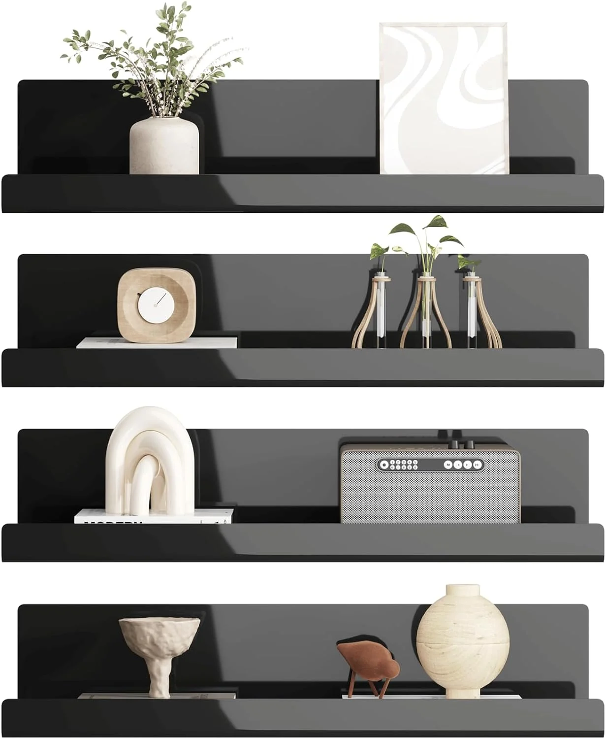 شلف دیواری LOFTPLUS، بدون نیاز به سوراخکاری، ست 4 عددی، شلف دیواری اکریلیک مشکی برای کتاب و عکس، دکوراسیون منزل، شلف شناور برای آشپزخانه، حمام، دفتر کار، اتاق نشیمن (32 x 10 x 8 سانتی متر)