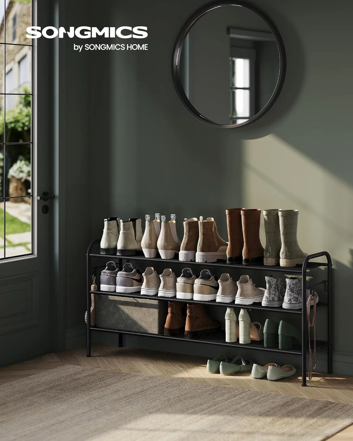 جاکفشی SONGMICS، سازمان دهنده کفش 3 طبقه، قفسه فلزی نگهداری کفش با 4 قلاب جانبی، گنجایش 18 جفت کفش، جاکفشی با ارتفاع قابل تنظیم برای ورودی، راهرو، کمد، مونتاژ آسان، مشکی جوهری