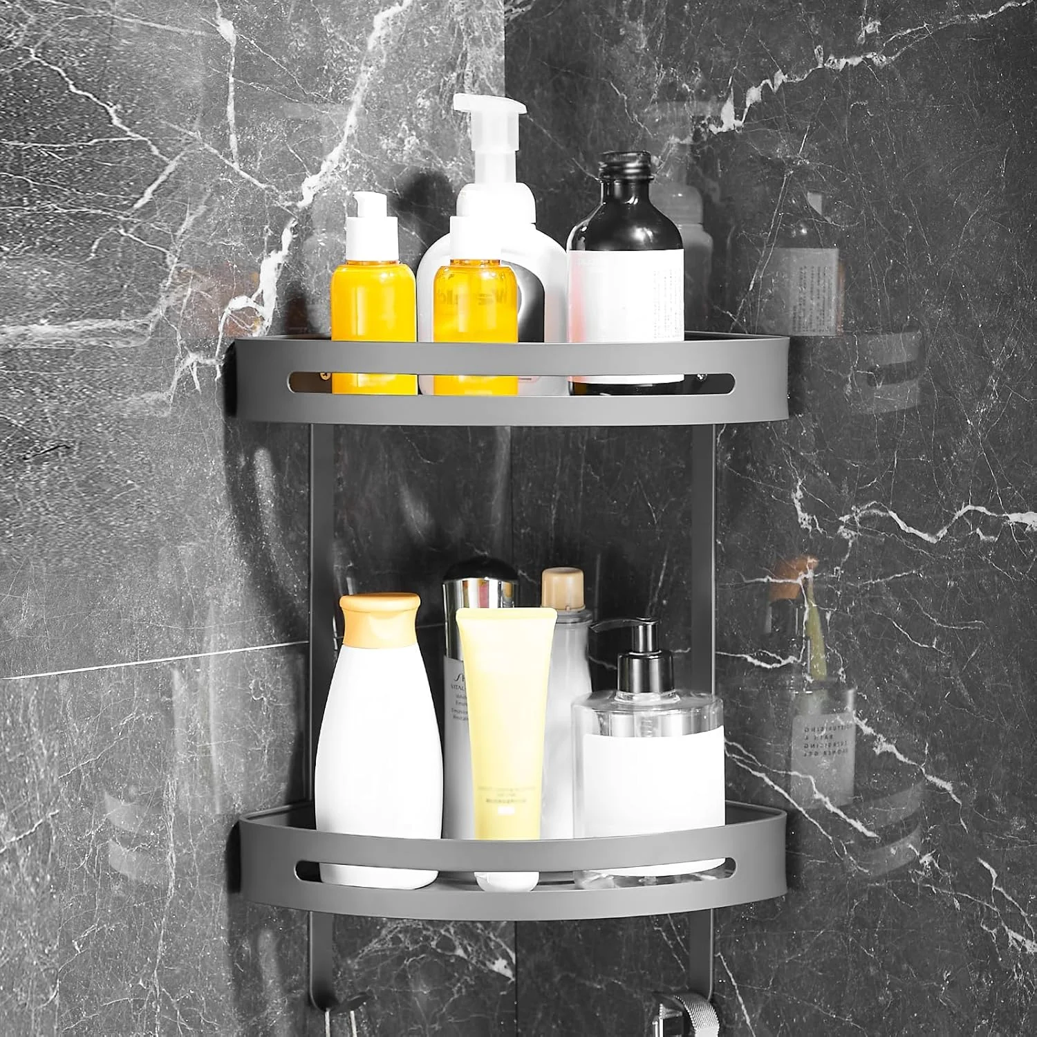 قفسه حمام REAXOAL با 2 قلاب، قفسه حمام آلومینیومی ضد زنگ، قفسه سازمان دهنده دوش حمام، سبد قفسه دیواری حمام (خاکستری) قفسه حمام REAXOAL با 2 قلاب، قفسه حمام آلومینیومی ضد زنگ، قفسه سازمان دهنده دوش حمام، سبد قفسه دیواری حمام (خاکستری)