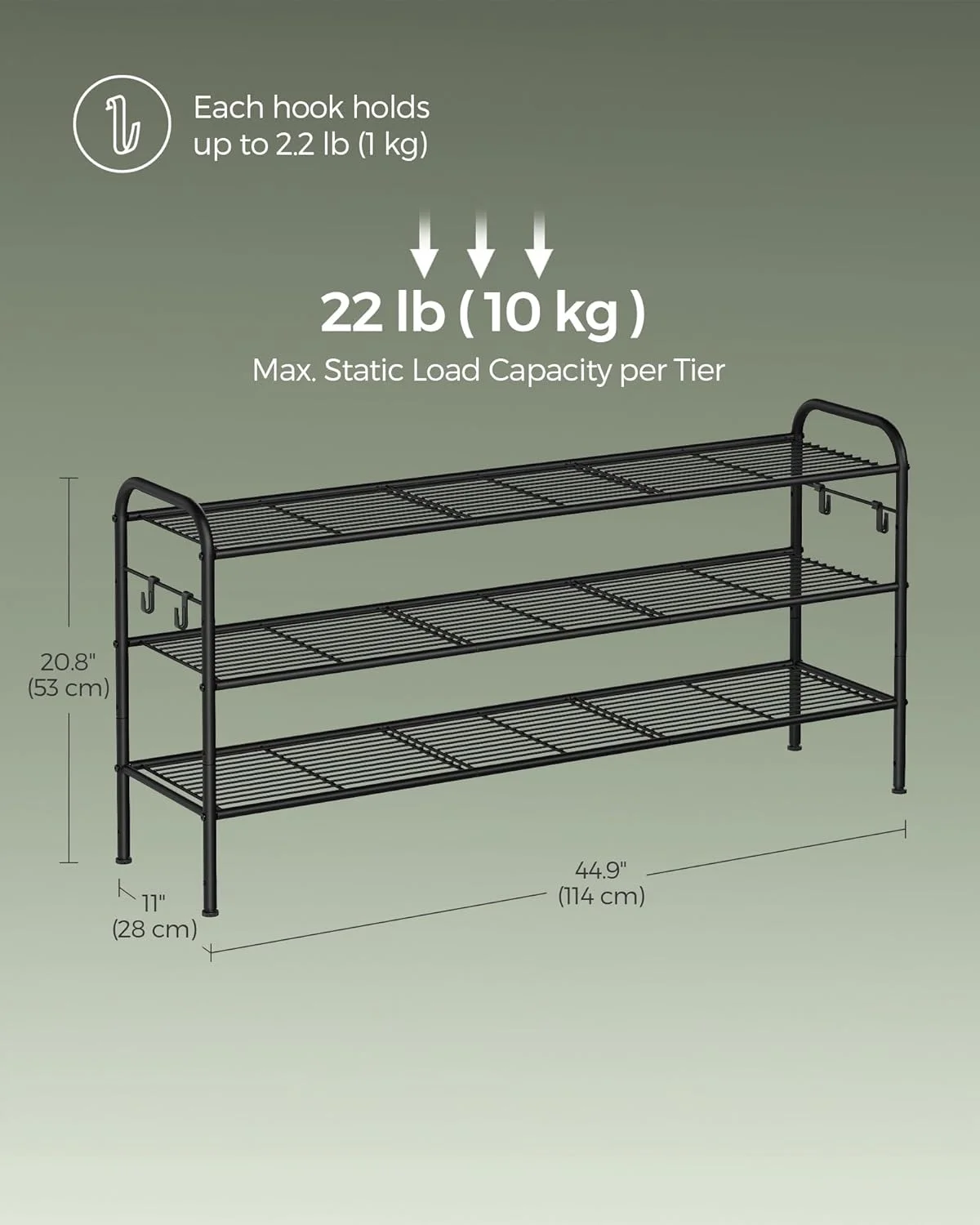 جاکفشی SONGMICS، سازمان دهنده کفش 3 طبقه، قفسه فلزی نگهداری کفش با 4 قلاب جانبی، گنجایش 18 جفت کفش، جاکفشی با ارتفاع قابل تنظیم برای ورودی، راهرو، کمد، مونتاژ آسان، مشکی جوهری
