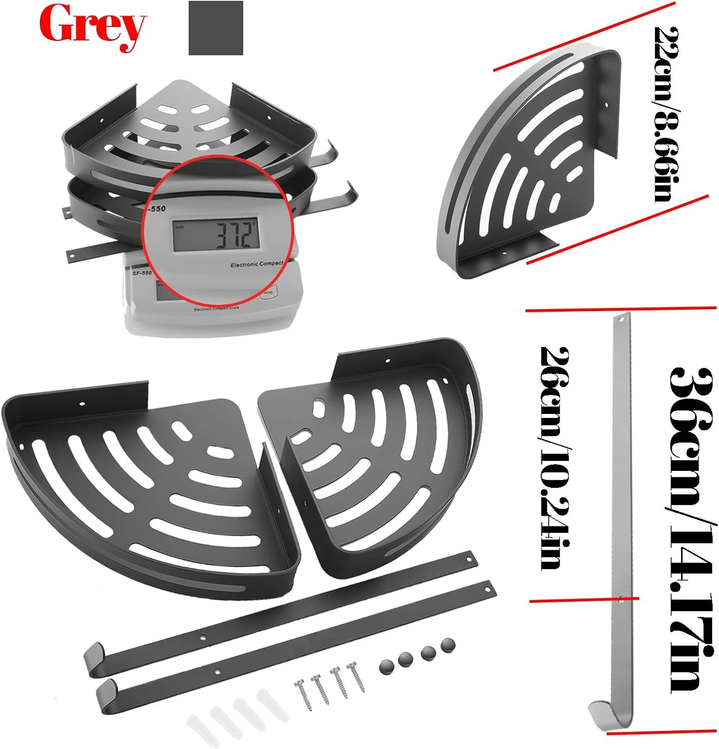 قفسه حمام REAXOAL با 2 قلاب، قفسه حمام آلومینیومی ضد زنگ، قفسه سازمان دهنده دوش حمام، سبد قفسه دیواری حمام (خاکستری)