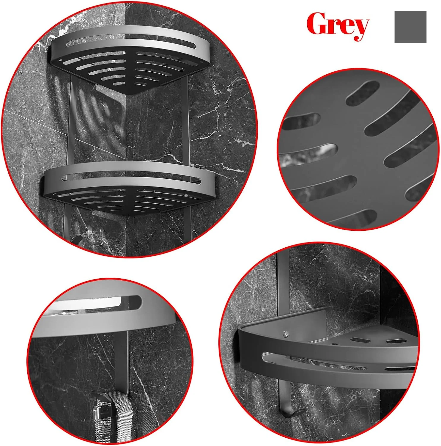 قفسه حمام REAXOAL با 2 قلاب، قفسه حمام آلومینیومی ضد زنگ، قفسه سازمان دهنده دوش حمام، سبد قفسه دیواری حمام (خاکستری)