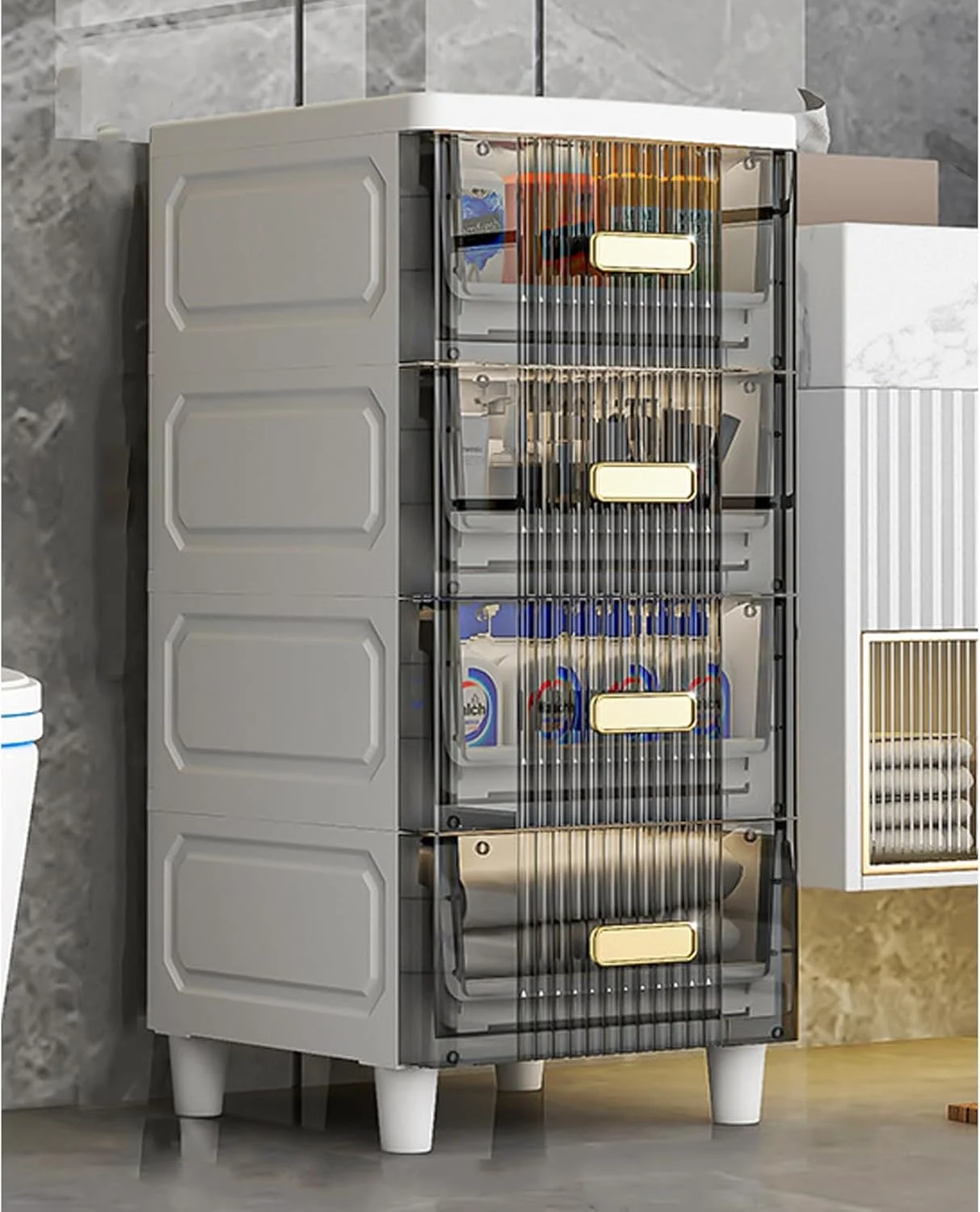 قفسه کابینت حمام 4 طبقه Tikwoork، کابینت زمینی با طراحی ضد آب، کابینت ذخیره سازی ایستاده با کشوهای شفاف کشویی، سازمان دهنده با ظرفیت بزرگ برای اتاق خواب، حمام، آشپزخانه (خاکستری)