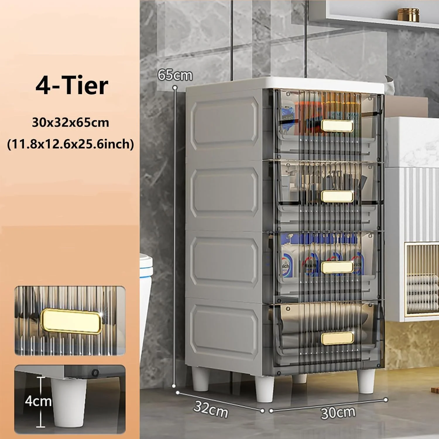 قفسه کابینت حمام 4 طبقه Tikwoork، کابینت زمینی با طراحی ضد آب، کابینت ذخیره سازی ایستاده با کشوهای شفاف کشویی، سازمان دهنده با ظرفیت بزرگ برای اتاق خواب، حمام، آشپزخانه (خاکستری)