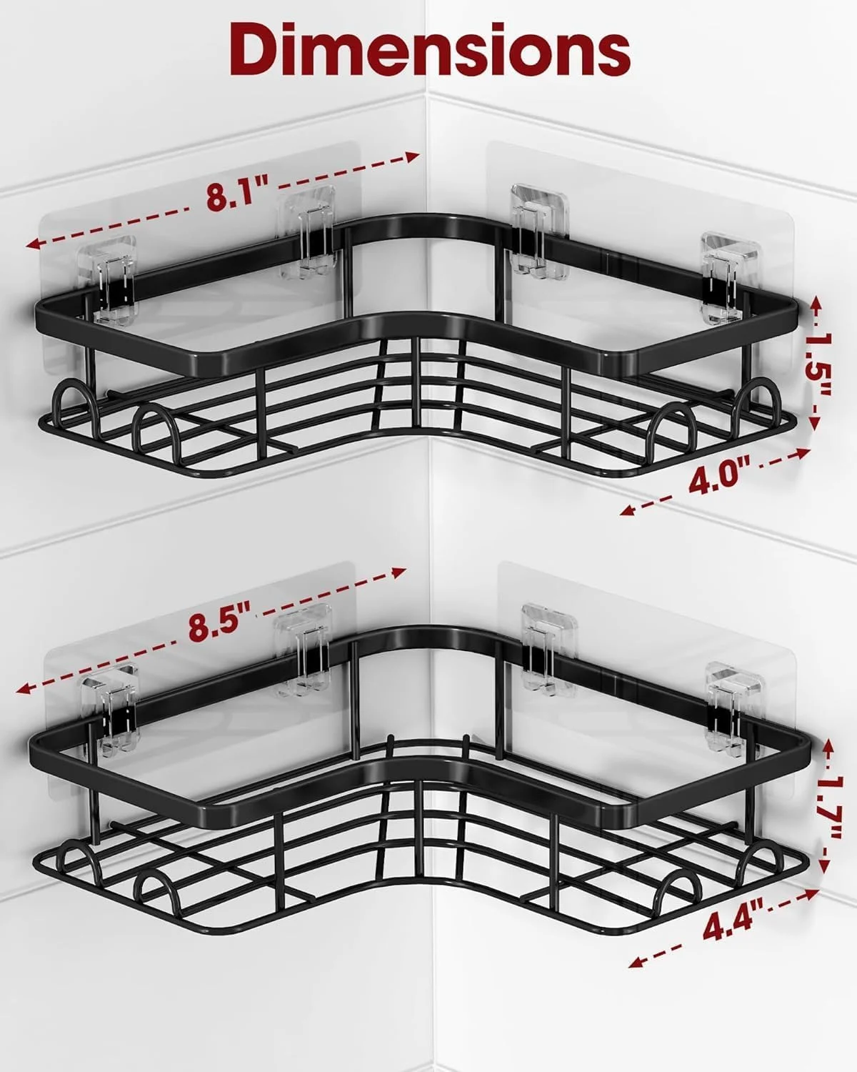 قفسه دوش گوشه ای - بسته 2 عددی، سازمان دهنده های چسبی دوش، قفسه های دوش استیل ضد زنگ ضد زنگ با 8 قلاب، سازمان دهنده های حمام بدون نیاز به سوراخ کاری و قفسه های ذخیره سازی، صرفه جویی در فضا، مشکی، متوسط (مشکی)