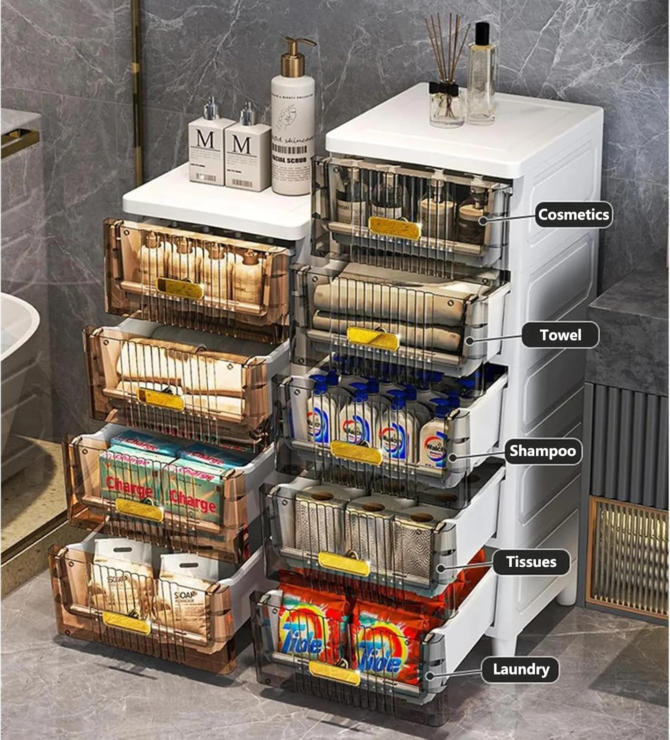 قفسه کابینت حمام 4 طبقه Tikwoork، کابینت زمینی با طراحی ضد آب، کابینت ذخیره سازی ایستاده با کشوهای شفاف کشویی، سازمان دهنده با ظرفیت بزرگ برای اتاق خواب، حمام، آشپزخانه (خاکستری)