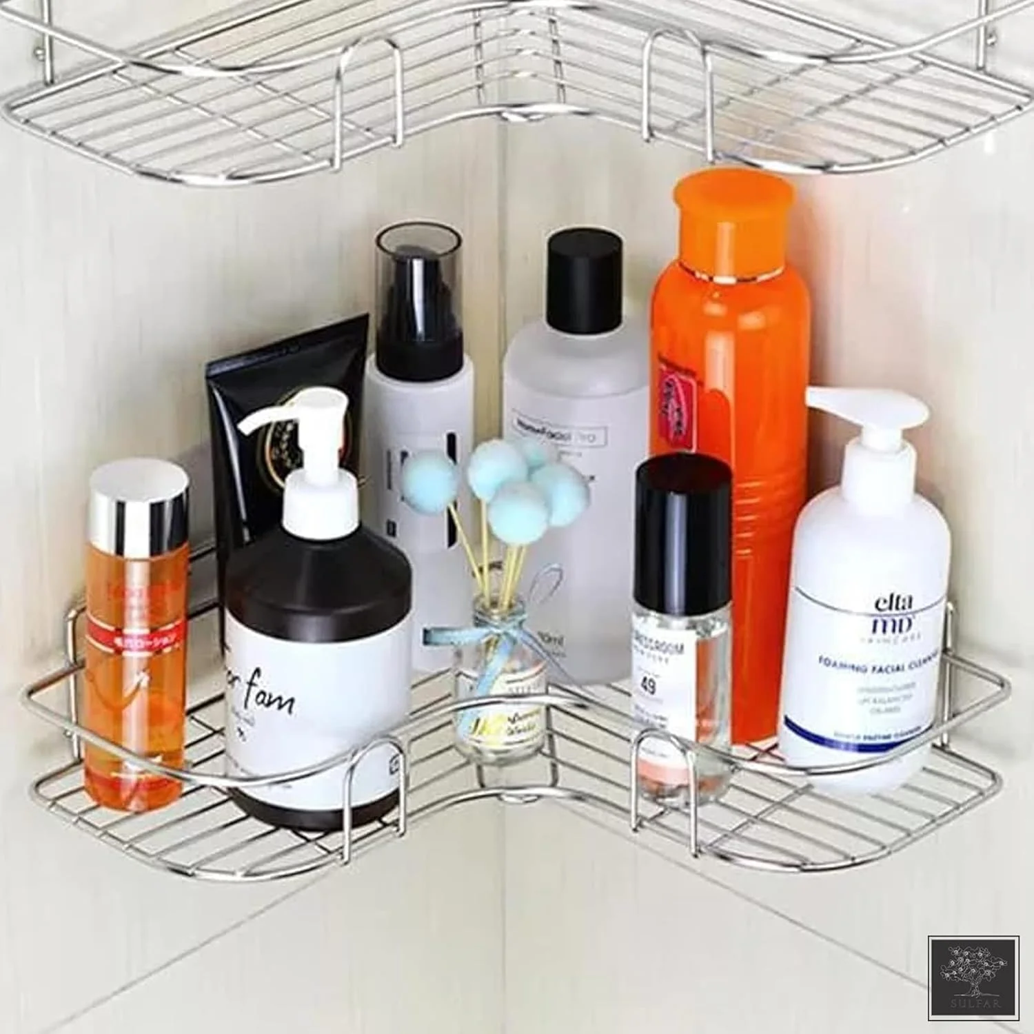 قفسه دوش کنج Sulfar، بسته 2 عددی، خود چسب بدون نیاز به سوراخکاری، قفسه ذخیره سازی دیواری برای حمام، آشپزخانه و توالت، استیل ضد زنگ