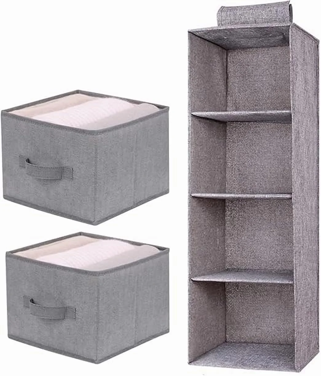 ارگانایزر آویز کمد 4 طبقه U-HOOME، ارگانایزر لباس کمد دیواری، قفسه های آویز برای کمد با 2 کشو، قفسه های آویز تاشو کمد، تاشو، خاکستری، 27x27x80 سانتی متر