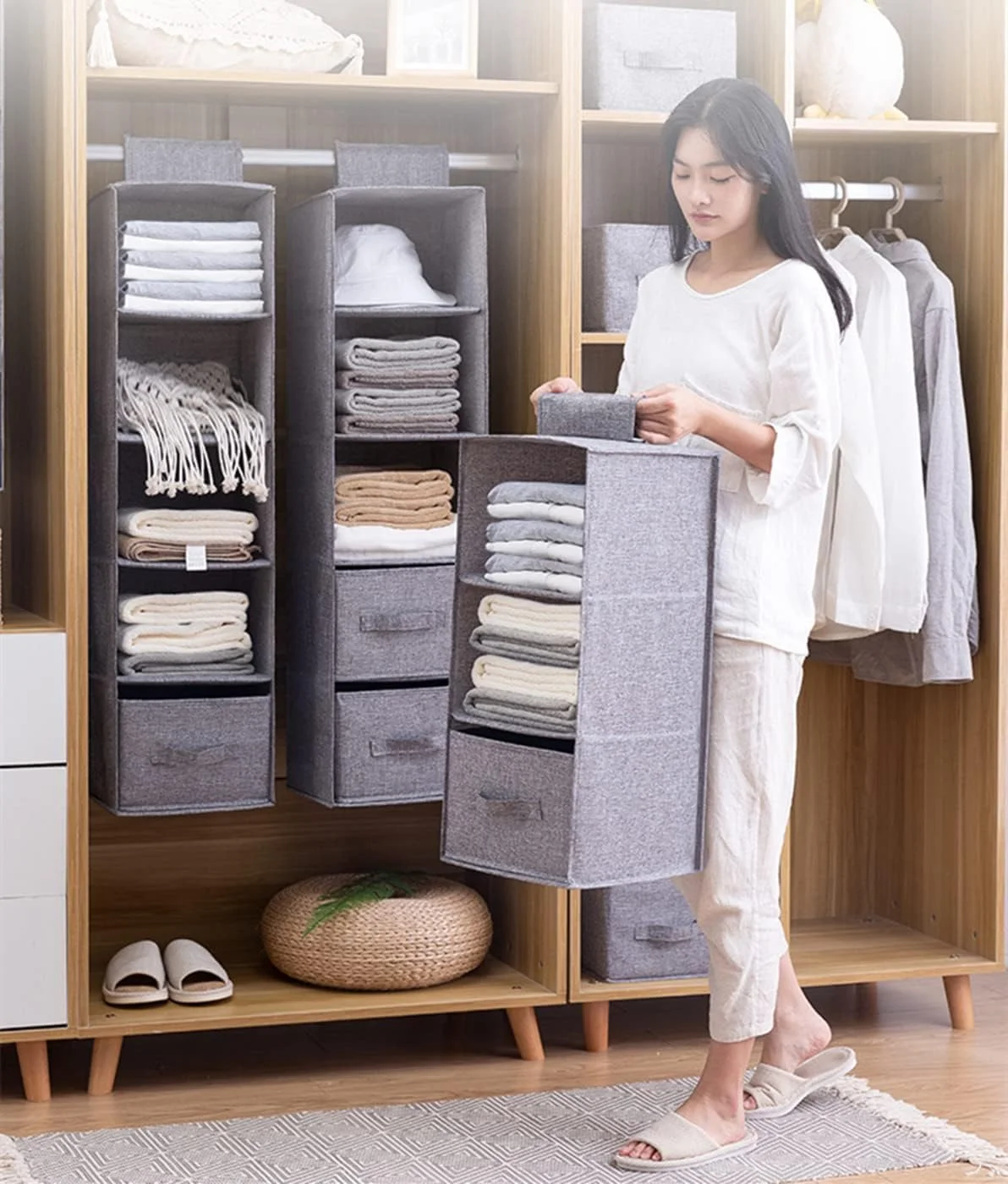 ارگانایزر آویز کمد 4 طبقه U-HOOME، ارگانایزر لباس کمد دیواری، قفسه های آویز برای کمد با 2 کشو، قفسه های آویز تاشو کمد، تاشو، خاکستری، 27x27x80 سانتی متر