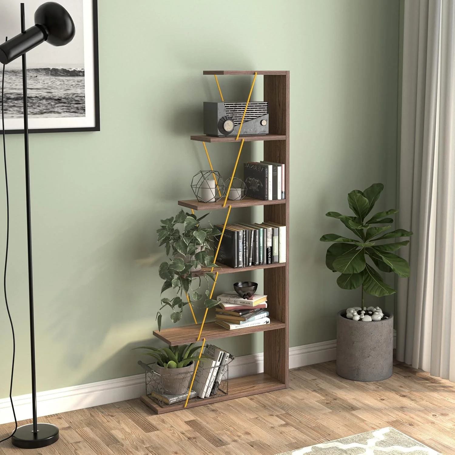 قفسه کتاب مدرن و کوچک بوم خانه برای اتاق نشیمن یا اتاق مطالعه، قفسه کتاب با مونتاژ آسان - گردویی و زرد