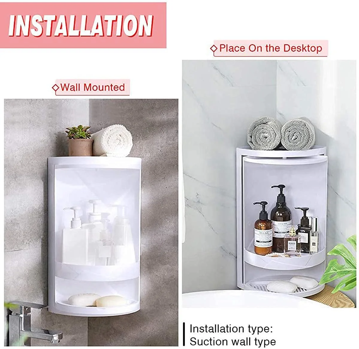 قفسه گوشه حمام و آشپزخانه Arabest، قفسه چند منظوره نگهداری لوازم آرایشی، قفسه نگهداری کابینت، قفسه مثلثی چرخان (2 طبقه)