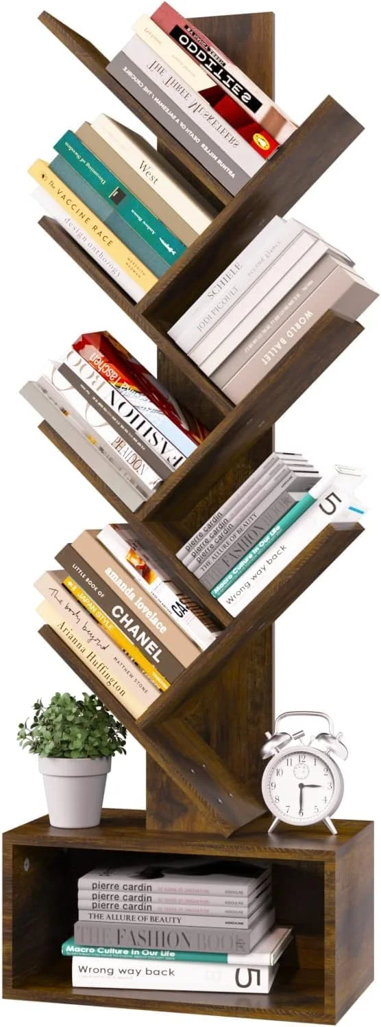 قفسه کتاب درختی NOAEOU - قفسه کتاب ایستاده رترو 6 طبقه، قفسه بلند چوبی برای نگهداری کتاب، سی دی/فیلم، قفسه های سازمان دهنده کتاب کاربردی برای اتاق خواب، اتاق نشیمن، دفتر کار خانگی