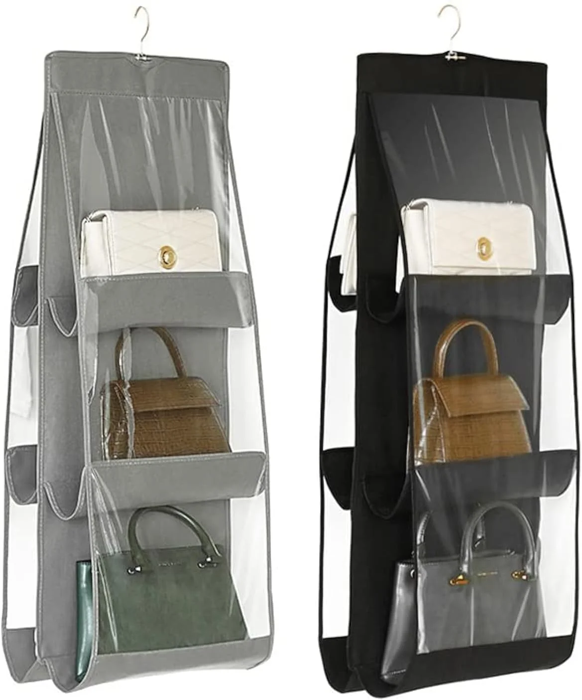 آویز نظم دهنده کیف دستی، بسته 2 عددی، 6 جیب، کیف نگهداری شفاف، کیف گرد و غبار برای کمد لباس، قفسه های آویز، تاشو
