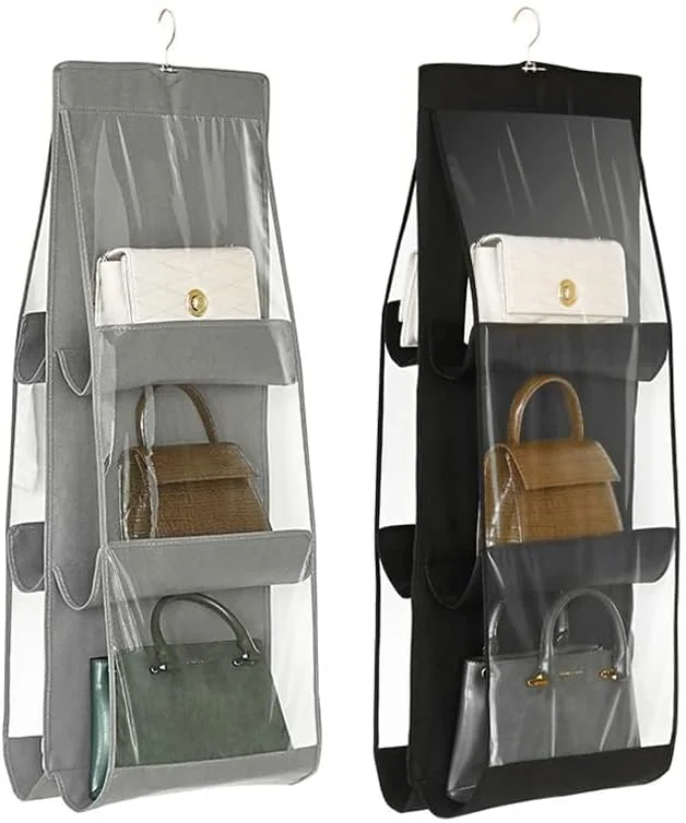 آویز نظم دهنده کیف دستی، بسته 2 عددی، 6 جیب، کیف نگهداری شفاف، کیف گرد و غبار برای کمد لباس، قفسه های آویز، تاشو