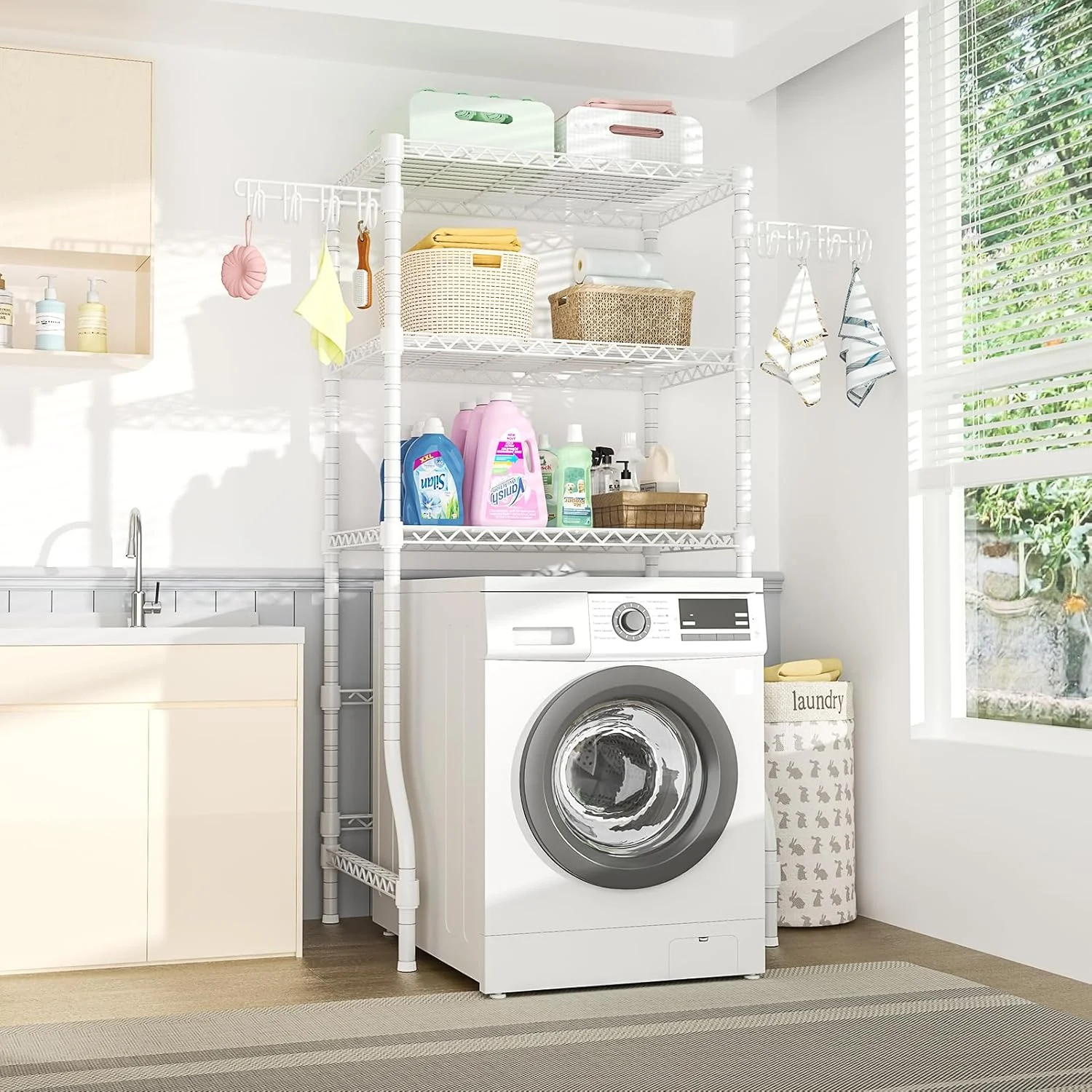 قفسه نظم دهنده اتاق لباسشویی Ulif U8، قفسه های بالای ماشین لباسشویی و خشک کن برای سازماندهی لباس ها، 89 سانتی متر عرض × 44 سانتی متر عمق × 194 سانتی متر ارتفاع، مناسب برای ماشین لباسشویی با عرض حداکثر 83 سانتی متر، تحمل وزن 138 کیلوگرم، سفید