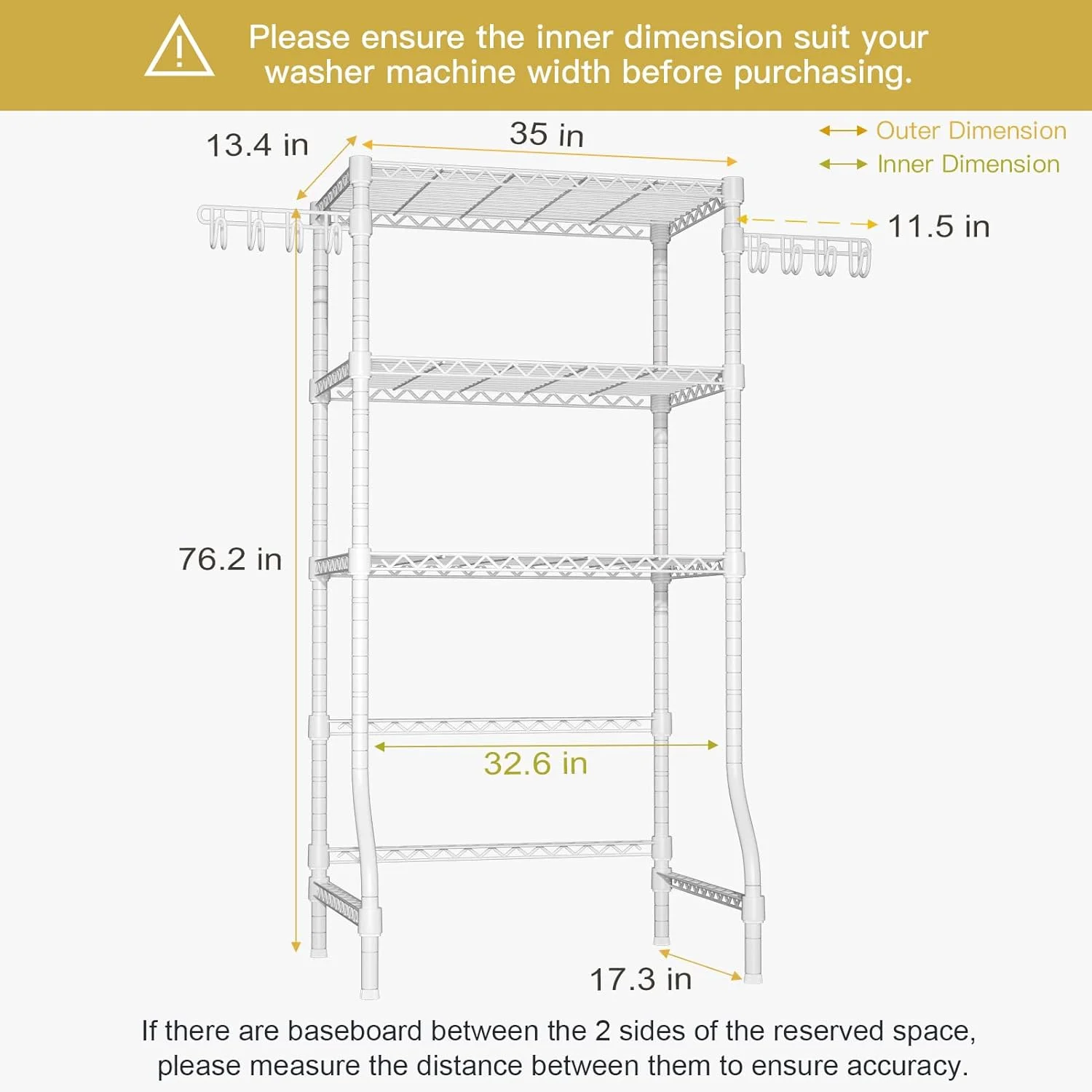 قفسه نظم دهنده اتاق لباسشویی Ulif U8، قفسه های بالای ماشین لباسشویی و خشک کن برای سازماندهی لباس ها، 89 سانتی متر عرض × 44 سانتی متر عمق × 194 سانتی متر ارتفاع، مناسب برای ماشین لباسشویی با عرض حداکثر 83 سانتی متر، تحمل وزن 138 کیلوگرم، سفید
