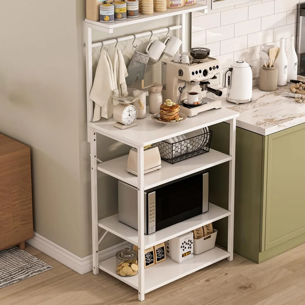 ایستگاه قهوه و بار مدرن 4 طبقه Jantens با طرح L، دارای 5 قلاب S، 4 قفسه، واحد ذخیره سازی آشپزخانه، نصب روی میز، روکش براق، مناسب بزرگسالان، 41 سانتی متر (عرض) x 35 سانتی متر (عمق) x 101 سانتی متر (ارتفاع)، 9 کیلوگرم