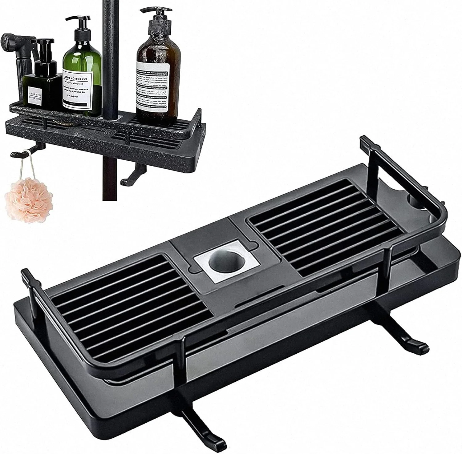 قفسه دوش حمام INFOSUN، قفسه دوش بالابر 2 در 1 بدون نیاز به سوراخکاری، قفسه نگهداری چسبی، نگهدارنده سازمان دهنده، قفسه نگهداری چند منظوره بدون پانچ برای حمام و آشپزخانه (مشکی)