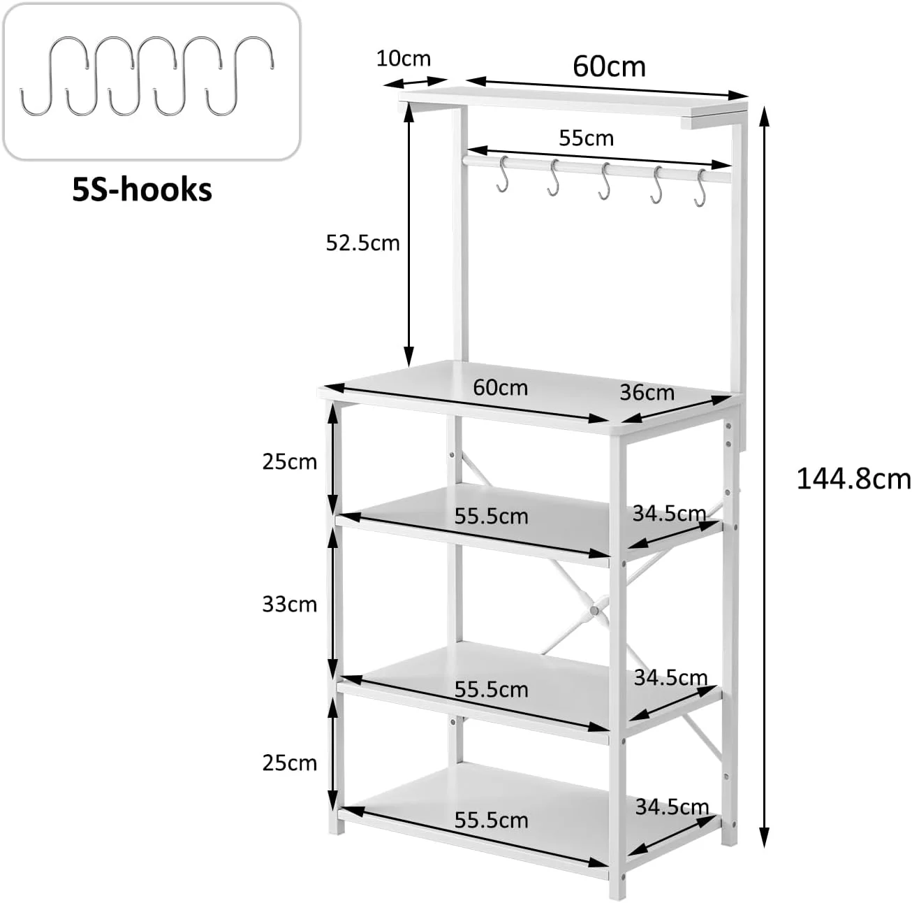 ایستگاه قهوه و بار مدرن 4 طبقه Jantens با طرح L، دارای 5 قلاب S، 4 قفسه، واحد ذخیره سازی آشپزخانه، نصب روی میز، روکش براق، مناسب بزرگسالان، 41 سانتی متر (عرض) x 35 سانتی متر (عمق) x 101 سانتی متر (ارتفاع)، 9 کیلوگرم
