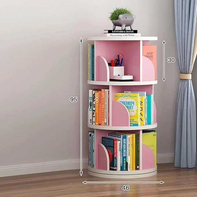 کتابخانه گردان 3 طبقه LIMOS، قفسه کتاب چرخشی 360 درجه، قفسه نمایش کتاب، قفسه های ایستاده با بافل برای اتاق خواب و اتاق نشیمن (3 طبقه صورتی)