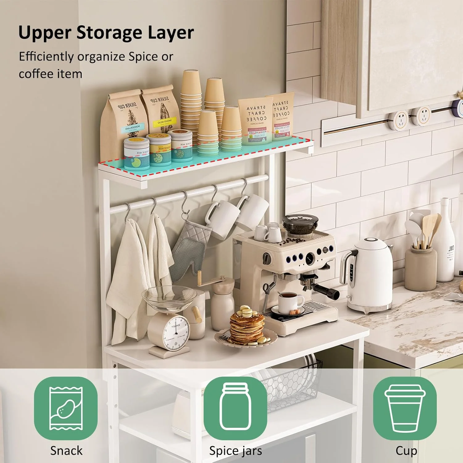 ایستگاه قهوه و بار مدرن 4 طبقه Jantens با طرح L، دارای 5 قلاب S، 4 قفسه، واحد ذخیره سازی آشپزخانه، نصب روی میز، روکش براق، مناسب بزرگسالان، 41 سانتی متر (عرض) x 35 سانتی متر (عمق) x 101 سانتی متر (ارتفاع)، 9 کیلوگرم