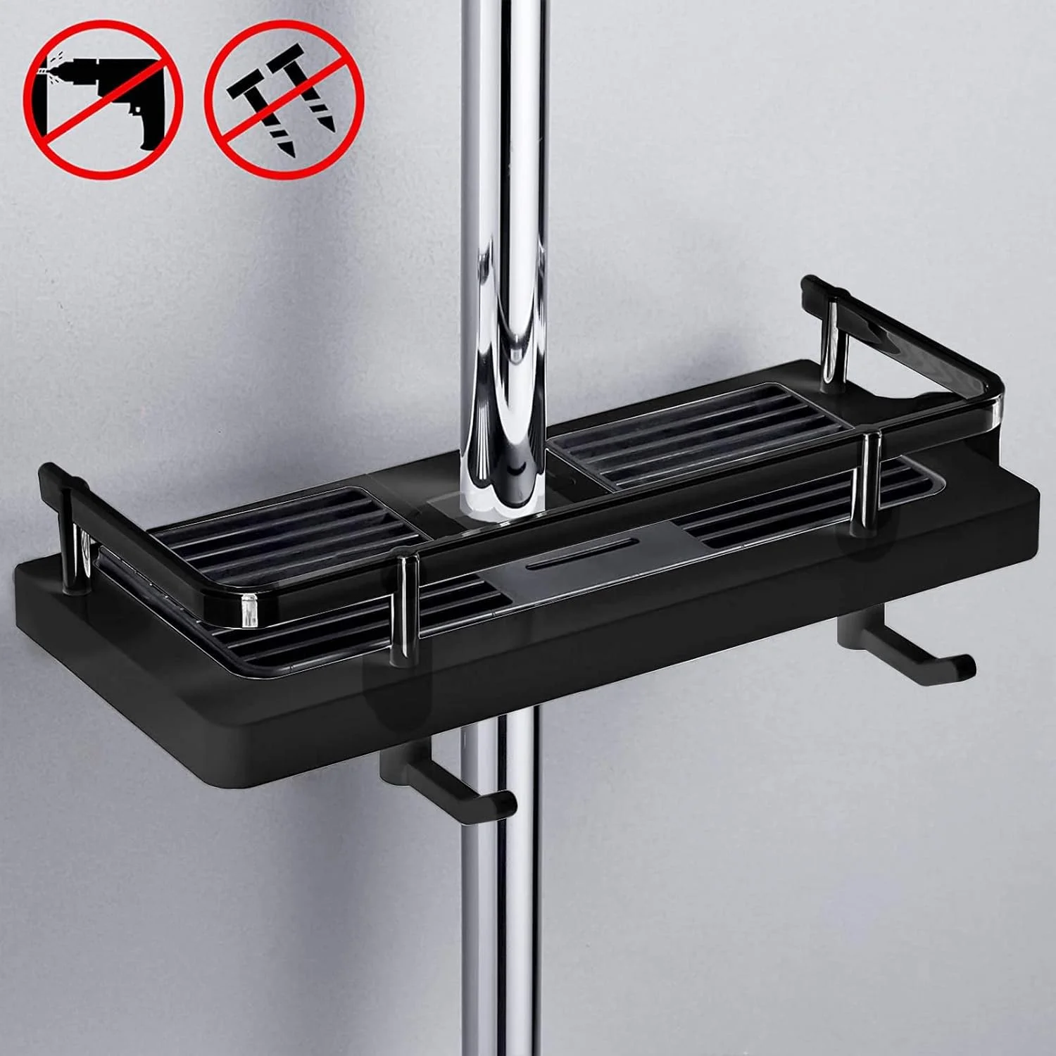 قفسه دوش حمام INFOSUN، قفسه دوش بالابر 2 در 1 بدون نیاز به سوراخکاری، قفسه نگهداری چسبی، نگهدارنده سازمان دهنده، قفسه نگهداری چند منظوره بدون پانچ برای حمام و آشپزخانه (مشکی)