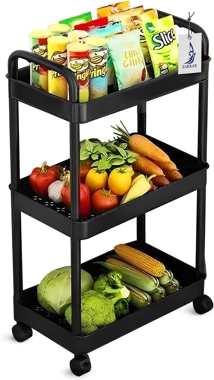 قفسه آشپزخانه 3 طبقه ضرار | مناسب حمام، آشپزخانه، اتاق، رختشورخانه و دفتر کار | قفسه های سازمان دهنده با چرخ | مونتاژ آسان | قابل تنظیم و بادوام | چرخ دستی 3 طبقه | مشکی