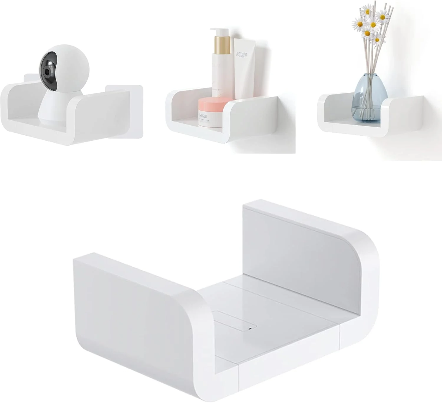 شلف دیواری شناور چسبی ELECDON، شلف مانیتور بدون نیاز به سوراخکاری برای دوربین های امنیتی، نمایشگر سازمان دهنده U شکل، طاقچه برای دکوراسیون اداری/منزل/آشپزخانه/حمام (کوچک)