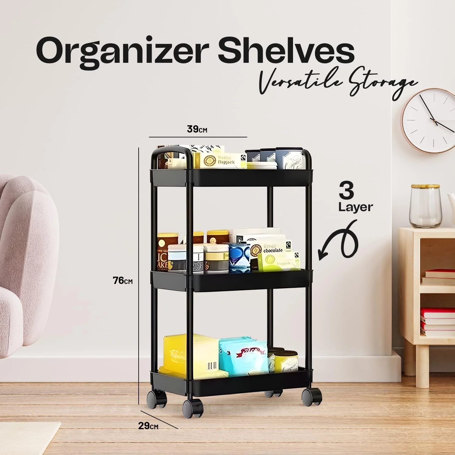 قفسه آشپزخانه 3 طبقه ضرار | مناسب حمام، آشپزخانه، اتاق، رختشورخانه و دفتر کار | قفسه های سازمان دهنده با چرخ | مونتاژ آسان | قابل تنظیم و بادوام | چرخ دستی 3 طبقه | مشکی