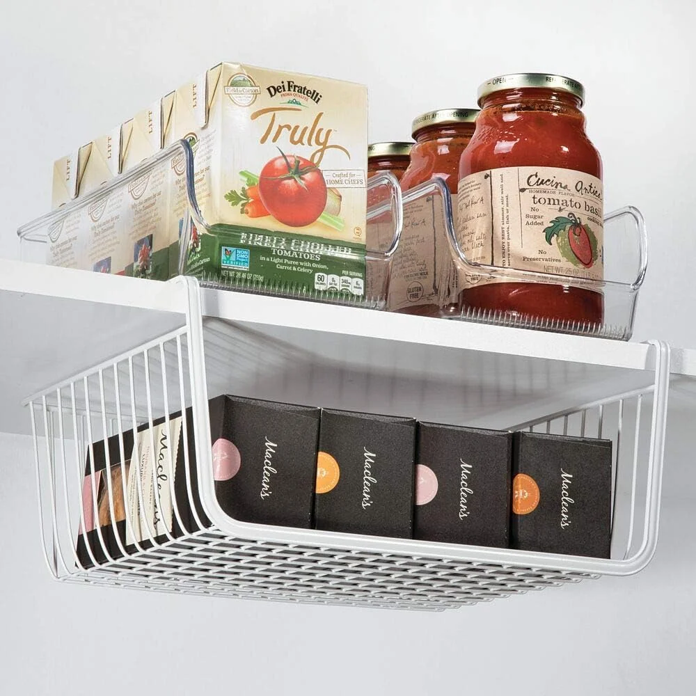 سبد آویز فلزی زیر قفسه mDesign با جلوی باز برای سازماندهی کابینت آشپزخانه، کمدهای دیواری، انباری، قفسه ها - بزرگ، بسته 2 عددی - سفید سبد آویز فلزی زیر قفسه mDesign با جلوی باز برای سازماندهی کابینت آشپزخانه، کمدهای دیواری، انباری، قفسه ها - بزرگ، بسته 2 عددی - سفید