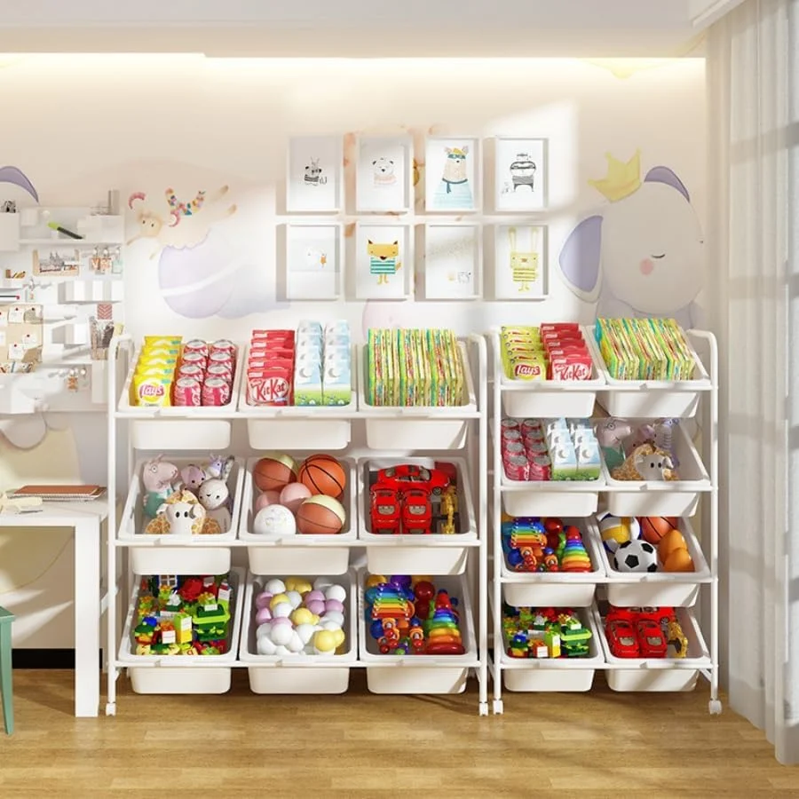 ارگانایزر اسباب بازی TOYBY با 12 سبد ذخیره سازی قابل جابجایی، قفسه 4 طبقه برای نگهداری اسباب بازی کودکان، ارگانایزر بزرگ اسباب بازی جعبه اسباب بازی کودکان برای اتاق بازی، اتاق کودک، مهد کودک، قفسه اسباب بازی چند منظوره