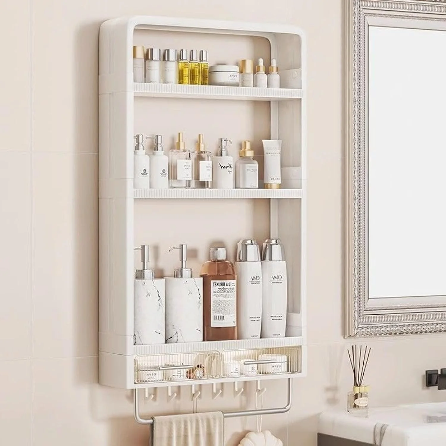 شلف حمام دیواری 3 طبقه با جا حوله ای، کابینت ذخیره سازی پلاستیکی حمام، قفسه ذخیره سازی بالای توالت با کشو شفاف، قفسه های شناور برای حمام، آشپزخانه، اتاق خواب (سفید) شلف حمام دیواری 3 طبقه با جا حوله ای، کابینت ذخیره سازی پلاستیکی حمام، قفسه ذخیره سازی بالای توالت با کشو شفاف، قفسه های شناور برای حمام، آشپزخانه، اتاق خواب (سفید)