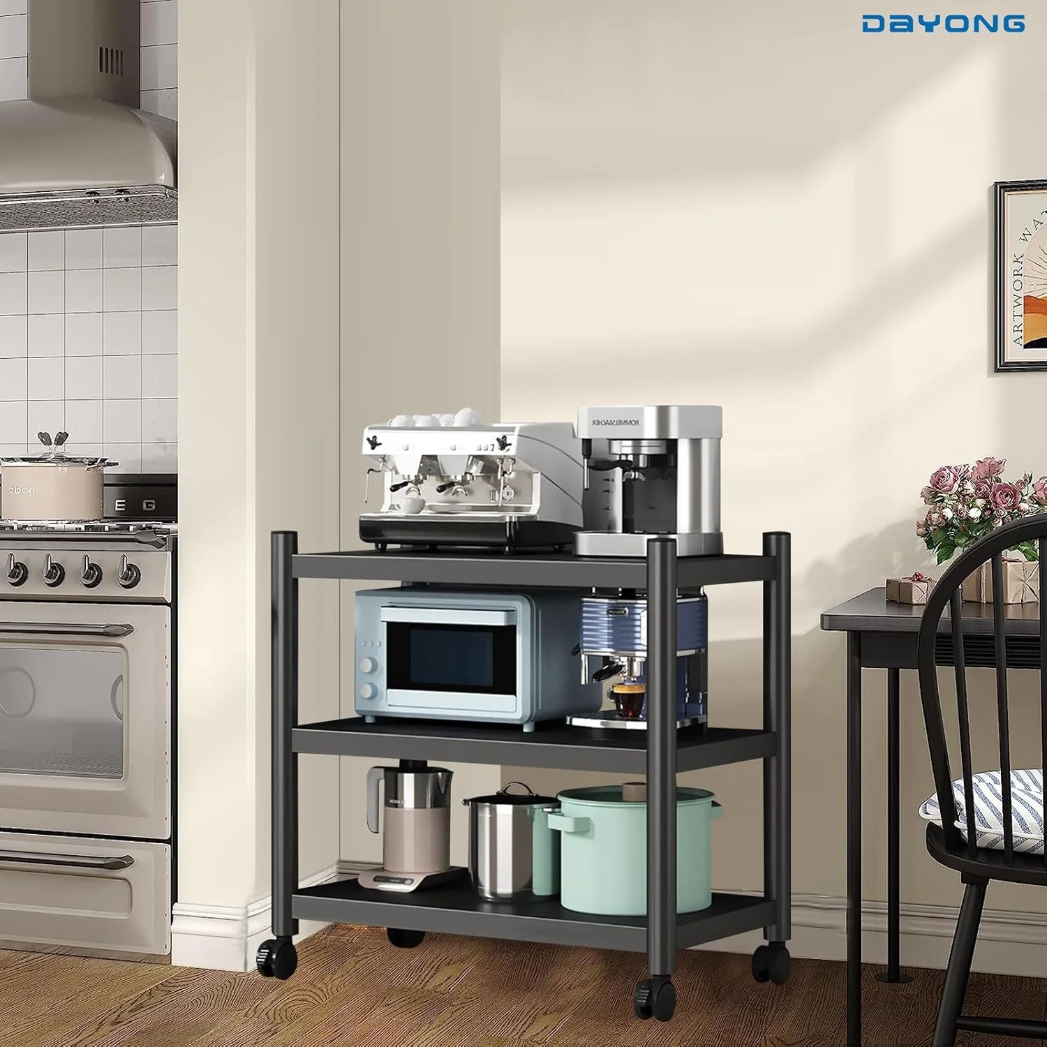 قفسه مایکروویو DAYONG، قفسه نانوایی آشپزخانه، قفسه ذخیره سازی آشپزخانه با چرخ های غلتکی، سازمان دهنده ترولی ذخیره سازی برای انبار اداری آشپزخانه (3 طبقه (70 * 40 * 80 سانتی متر))