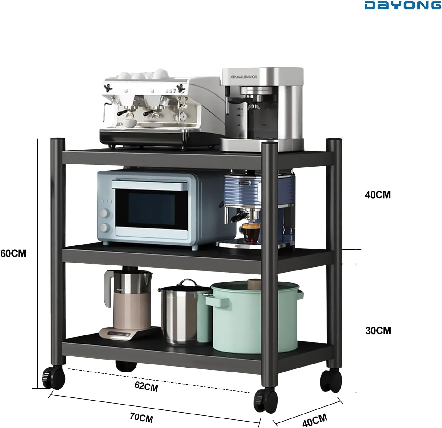 قفسه مایکروویو DAYONG، قفسه نانوایی آشپزخانه، قفسه ذخیره سازی آشپزخانه با چرخ های غلتکی، سازمان دهنده ترولی ذخیره سازی برای انبار اداری آشپزخانه (3 طبقه (70 * 40 * 80 سانتی متر))