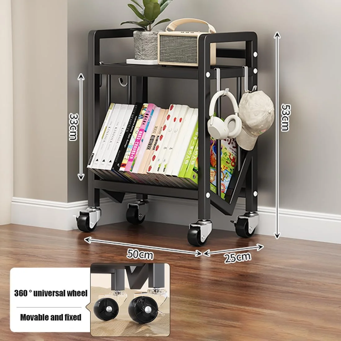 قفسه کتاب چرخ دار REASOR، قفسه کتاب ایستاده دو طبقه، قفسه نگهداری کتاب برای فایل/مجله، سازمان دهنده قفسه کتاب برای اتاق نشیمن، اتاق خواب و دفتر کار خانگی.