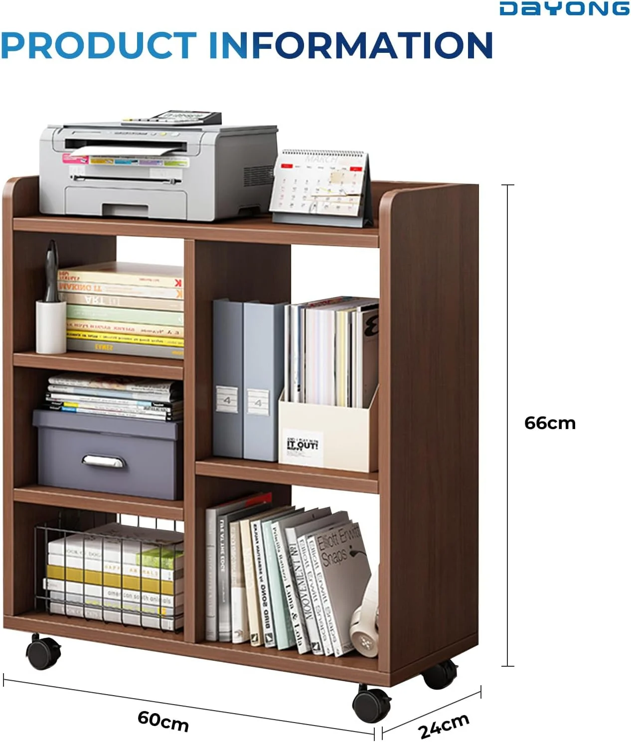 کابینت فایل چرخ دار DAYONG، ارگانایزر فایل زیر میزی با 6 محفظه قفسه ذخیره سازی باز، پایه پرینتر متحرک برای لوازم اداری، خانه، مدرسه (گردویی)