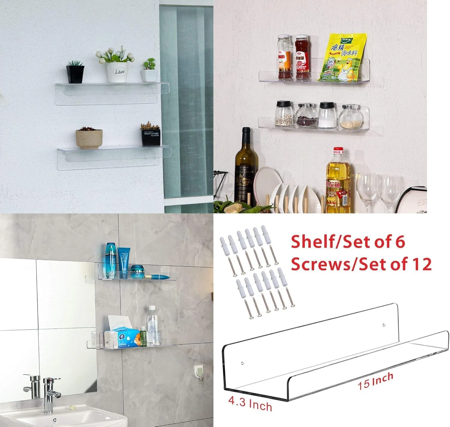 شلف دیواری اکریلیک رز - قفسه کتاب کودک 60 سانتی‌متری، شلف لبه‌دار شناور دیواری، قفسه ادویه نامرئی شفاف، سازمان‌دهنده لوازم آرایش، قفسه‌های نگهداری حمام، سازمان‌دهنده نمایشگر، اسباب‌بازی، عکس (بسته 4 عددی 38 سانتی‌متری)