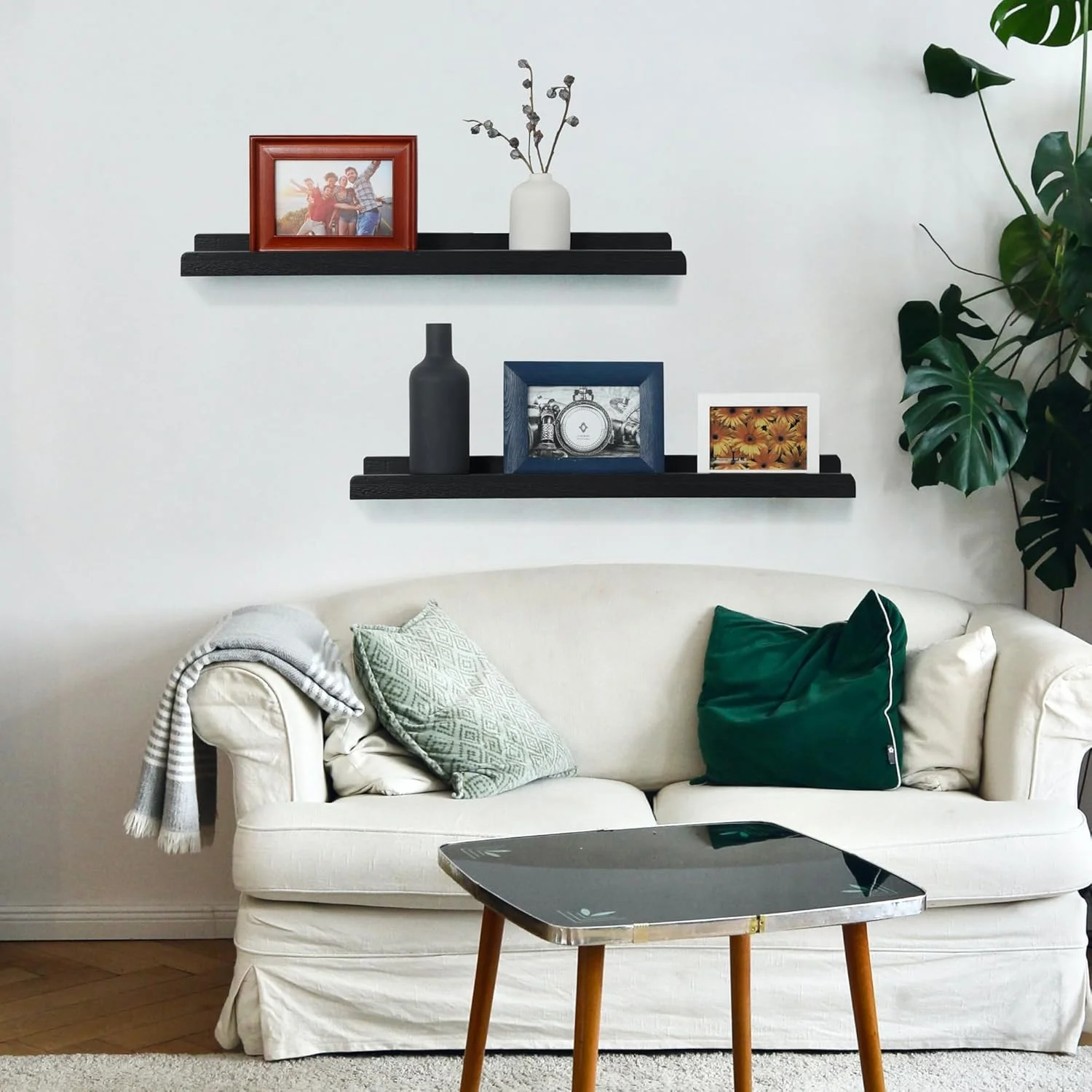 ست 2 عددی شلف دیواری شناور بلند PHOENANCEE، شلف چوبی عکس، شلف نمایش و نگهداری قاب عکس، نصب شده روی دیوار برای اتاق نشیمن، اتاق خواب، آشپزخانه، اتاق کودک، دکوراسیون اتاق کودک، دفتر کار خانگی (مشکی، 60 سانتی متر)