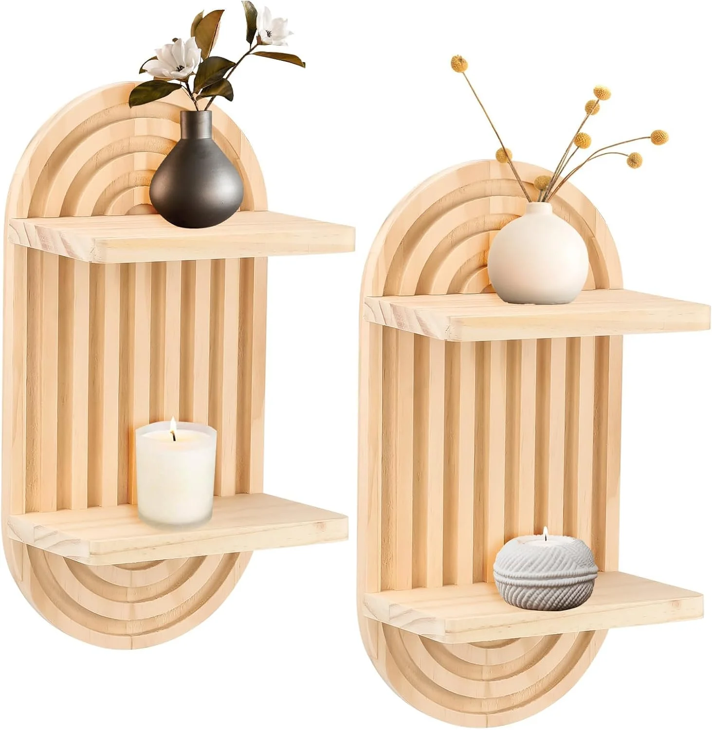 KASTWAVE 2 عدد شلف دیواری رنگین کمانی چوبی بوهمی، قفسه ذخیره سازی آویز شناور دوتایی، دکور دیوار روستایی برای اتاق خواب، اتاق نشیمن، اتاق کودک، دفتر و حمام