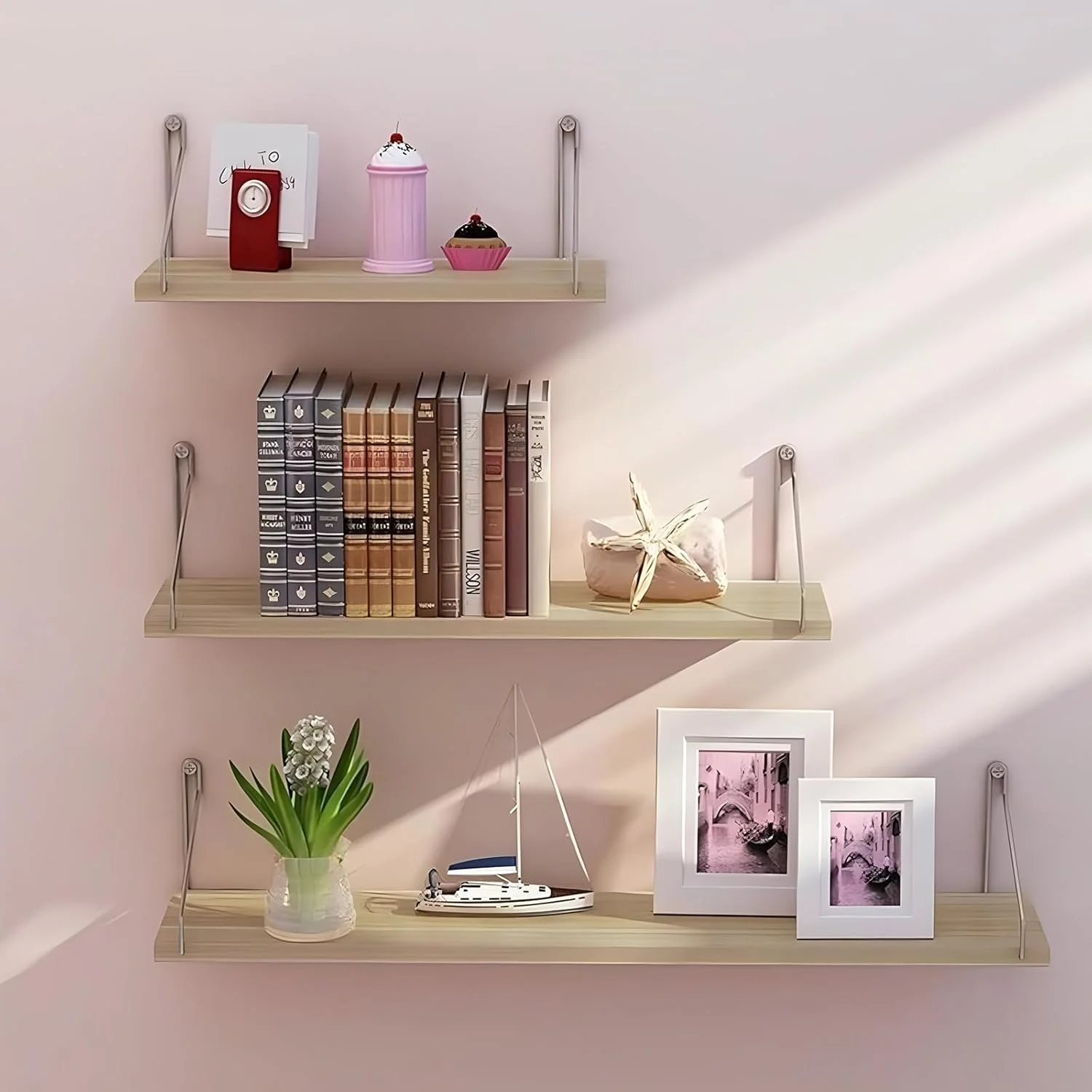ست 3 تکه شلف شناور، شلف های چوبی روستایی نصب شده روی دیوار، قفسه کتاب شناور با براکت های فلزی برای حمام، اتاق خواب، اتاق نشیمن، آشپزخانه، شلف آویز کوچک برای نگهداری/دکور اتاق (رنگ چوب)
