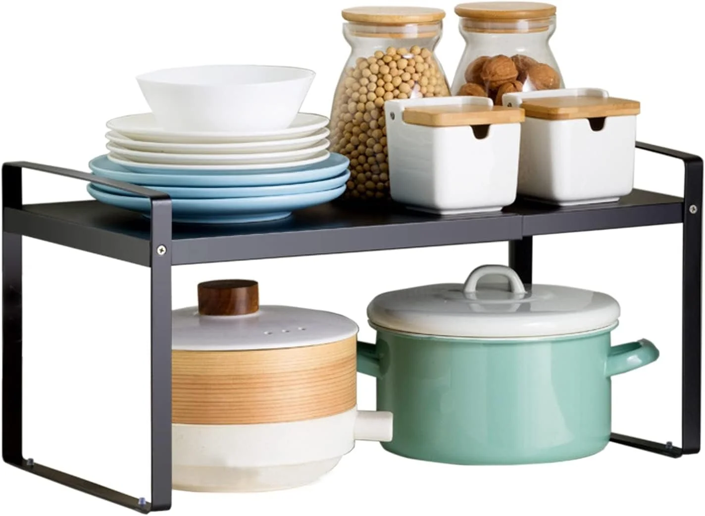 ارگانایزر رومیزی آشپزخانه Diylove، قفسه ذخیره سازی دو طبقه قابل گسترش با ساختار پایدار و سنگین، قفسه کابینت ارگانایزر رومیزی، استند سازماندهی بطری ادویه (مشکی)