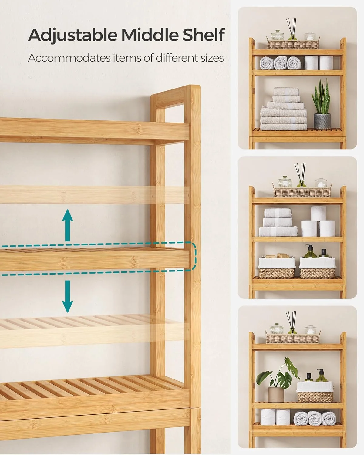 قفسه توالت SONGMICS BTS001N01، قفسه حمام، قفسه ماشین لباسشویی، قفسه حمام بامبو 3 طبقه، ظرفیت بار استاتیک قابل تنظیم 15 کیلوگرم در هر طبقه، مونتاژ آسان، طبیعی